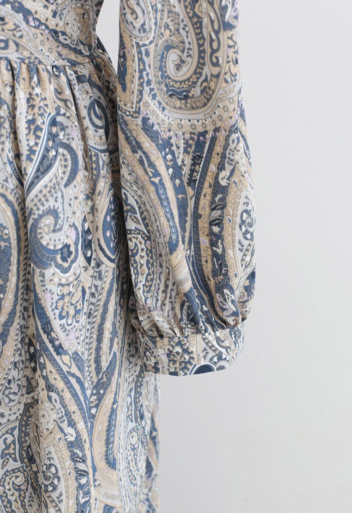 Paisley Floral Boho Wrap Frilling Dress in Dusty Blue
