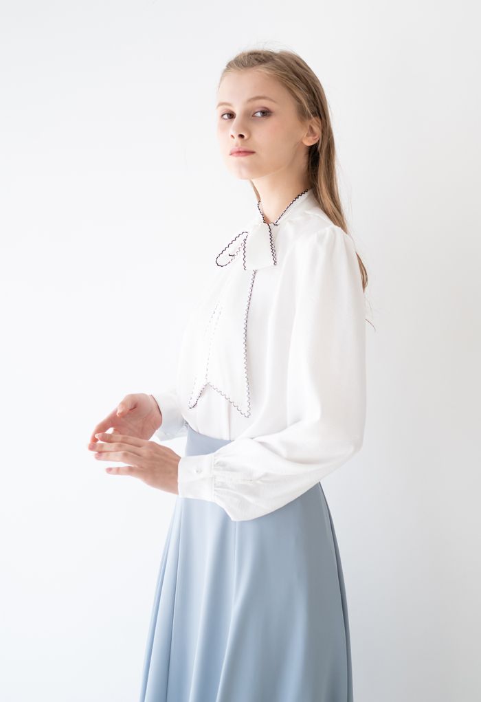 Seamed Edge Bowknot Textured Satin Top in White