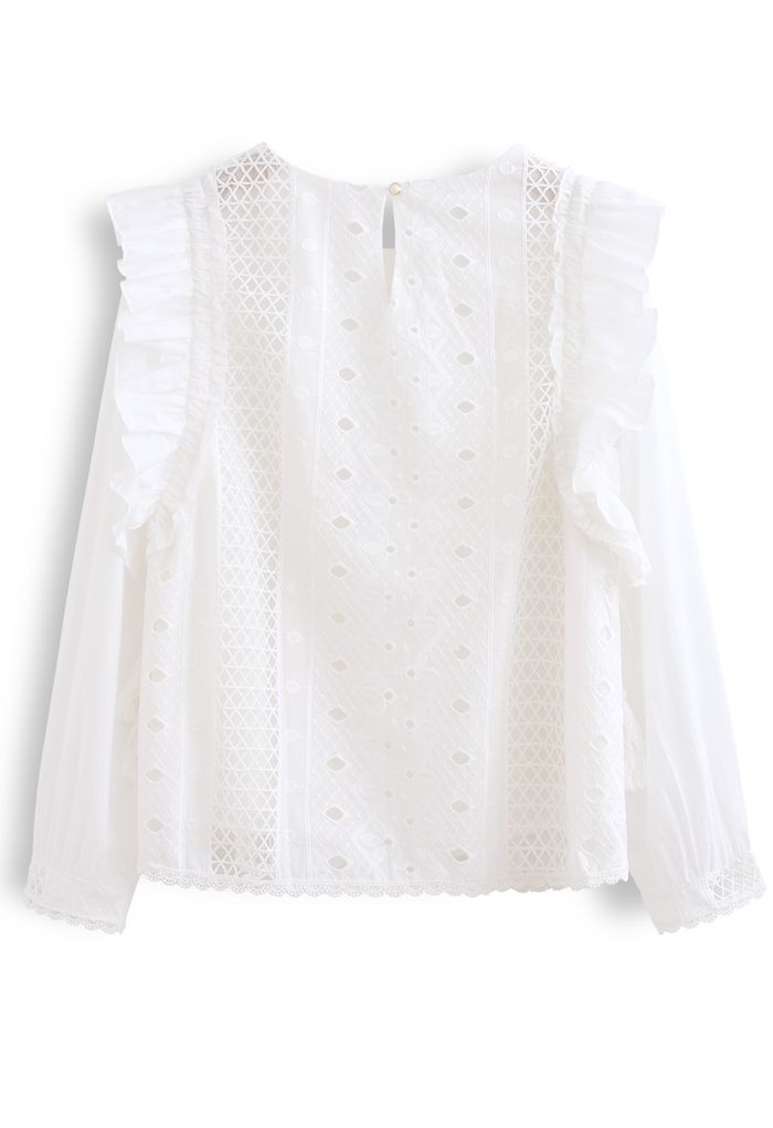 Embroidery Eyelet Ruffle Tassel Top in White