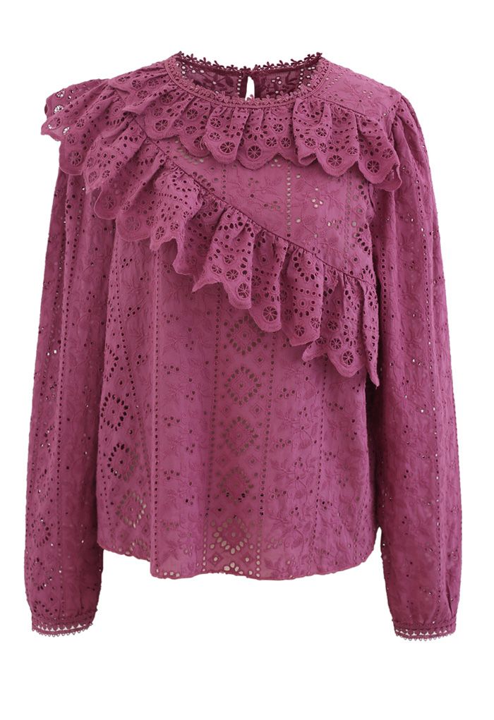 Embroidered Floral Eyelet Ruffle Top in Berry