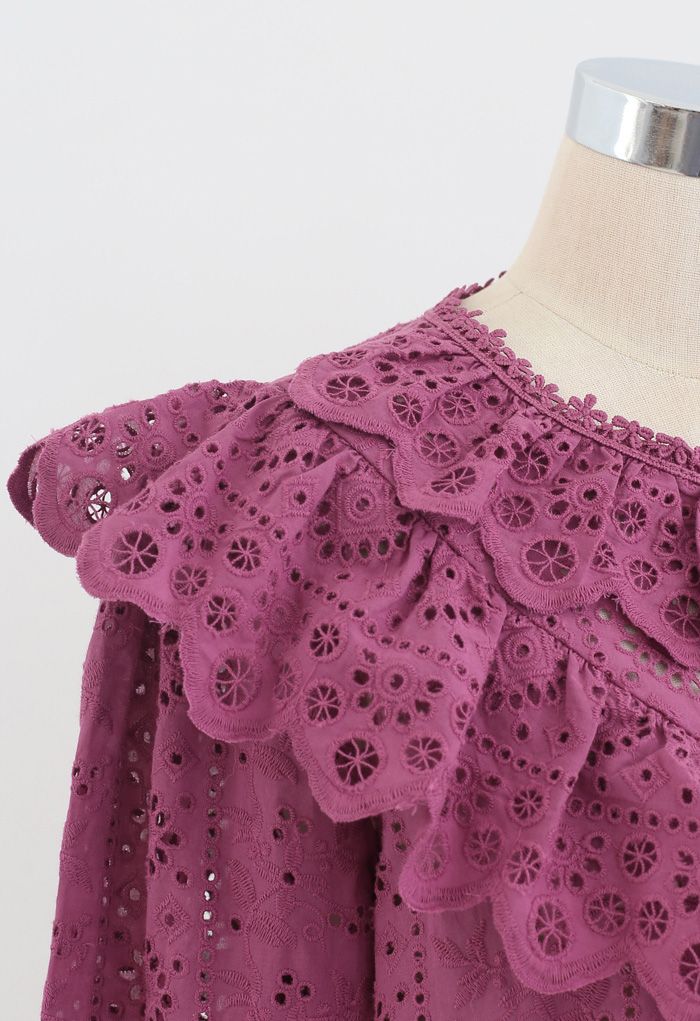 Embroidered Floral Eyelet Ruffle Top in Berry - Retro, Indie and Unique ...