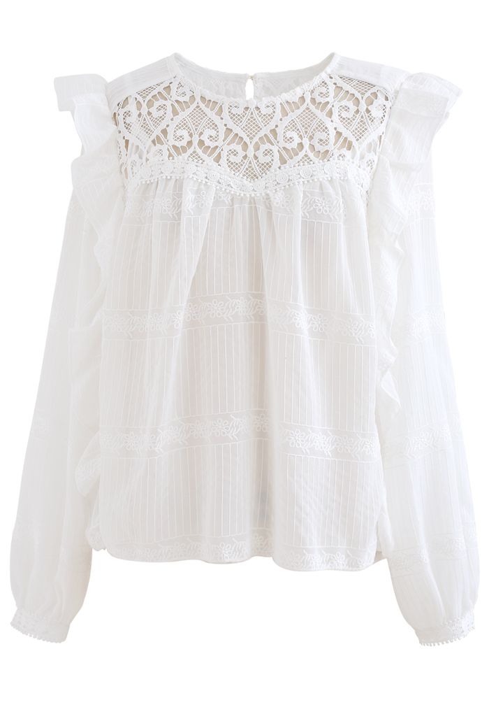 Crochet Inserted Embroidered Ruffle Sheer Top in White - Retro, Indie ...