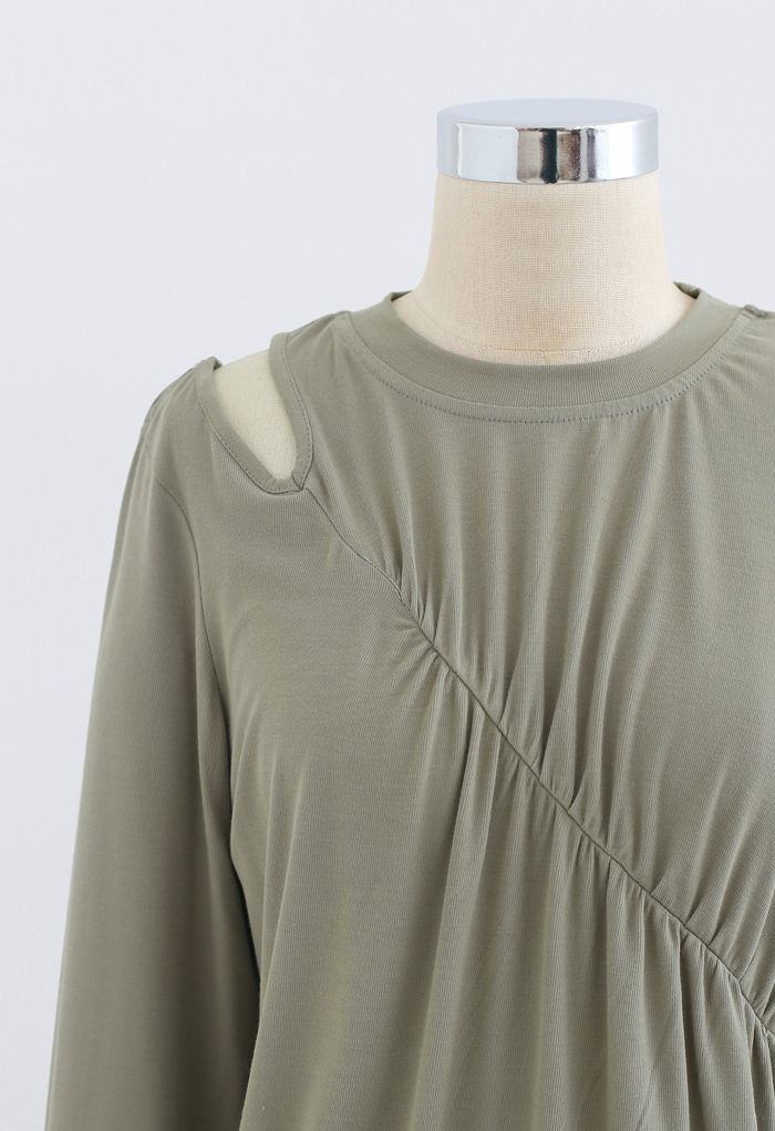 One-Shoulder Cutout Ruched Top in Olive