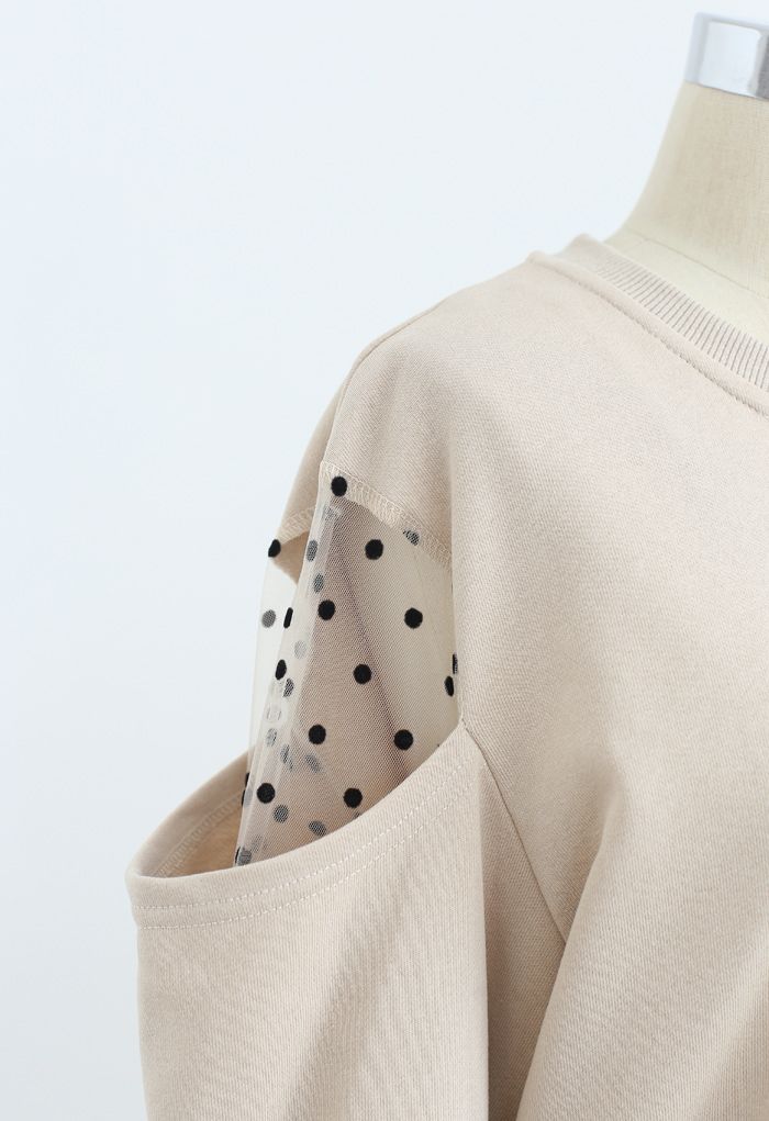 Cold-Shoulder Dotted Mesh Sleeves Spliced Top in Sand