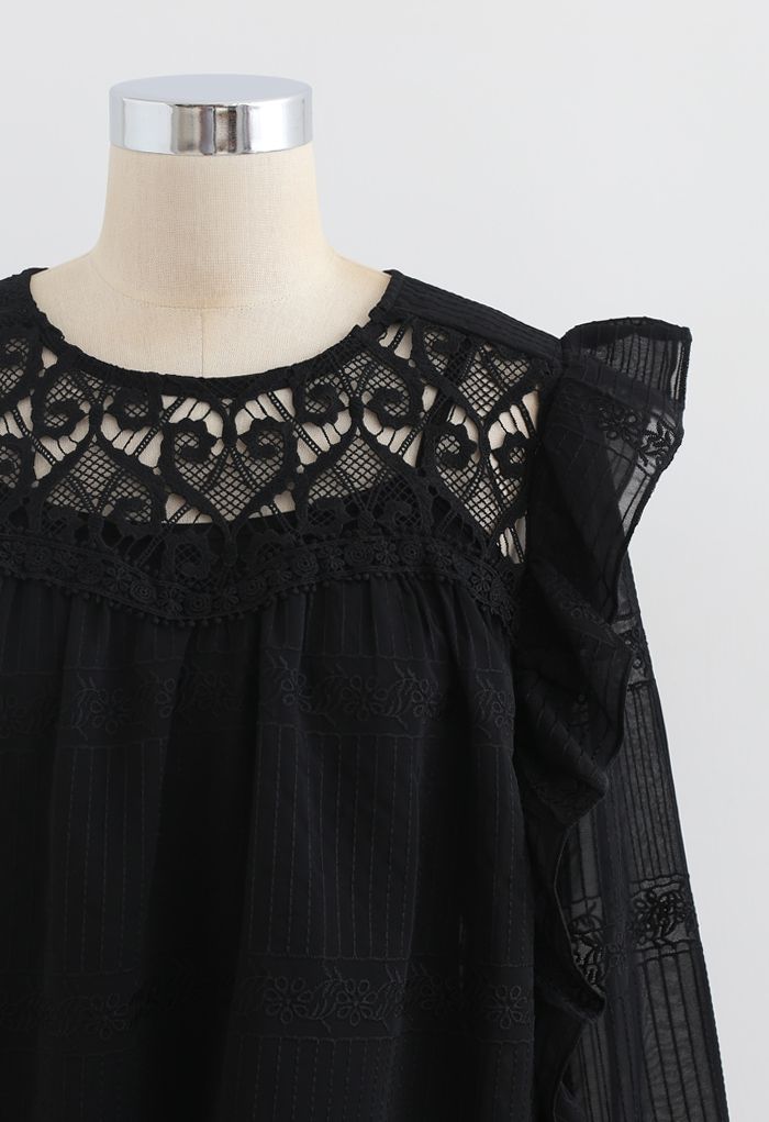 Crochet Inserted Embroidered Ruffle Sheer Top in Black