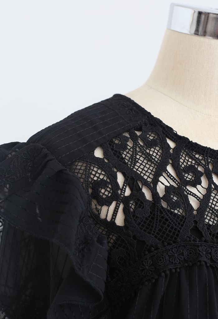 Crochet Inserted Embroidered Ruffle Sheer Top in Black