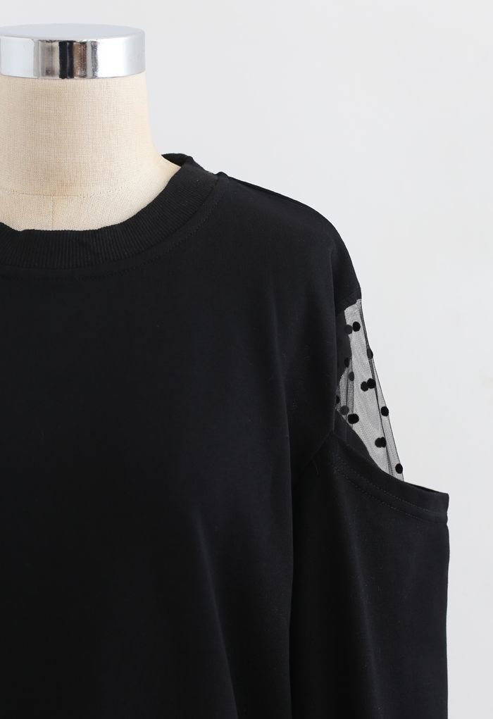 Cold-Shoulder Dotted Mesh Sleeves Spliced Top in Black