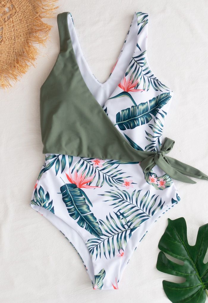 Wrap Front Tropical Leaves One-Piece Swimsuit - Retro, Indie and Unique ...