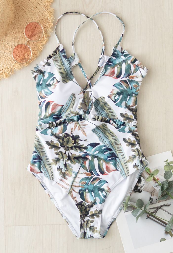 Lace-Up Back Tropical Palm Ruffle Swimsuit - Retro, Indie and Unique ...