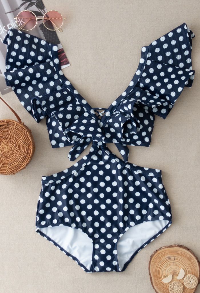 Dotted Plunging V-Neck Bowknot Ruffle Swimsuit - Retro, Indie and ...