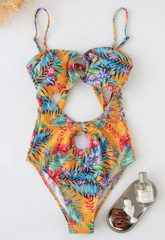 O-Ring Tropical Printed One-Piece Swimsuit in Yellow