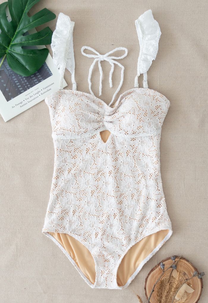 Full Lace Ruffle Halter One-Piece Swimsuit
