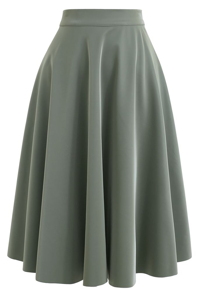 Sleek Faux Leather A-Line Midi Skirt in Olive - Retro, Indie and Unique ...