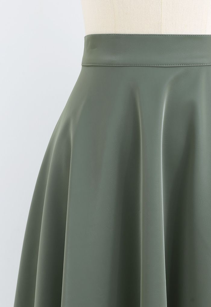 Sleek Faux Leather A-Line Midi Skirt in Olive - Retro, Indie and Unique ...