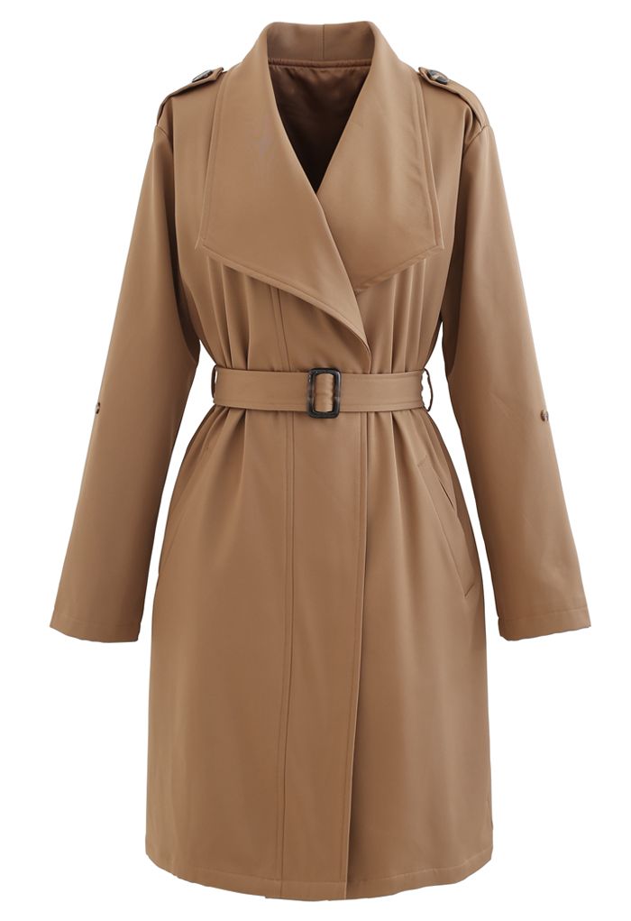 Belted Pocket Drape Neck Coat in Tan - Retro, Indie and Unique Fashion