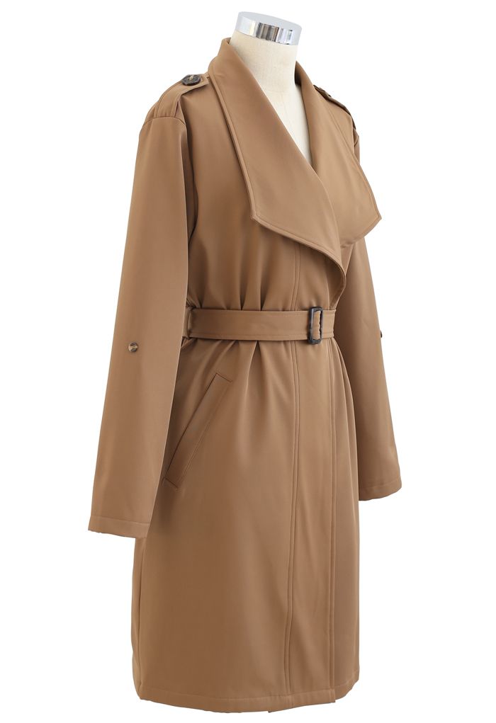 Belted Pocket Drape Neck Coat in Tan - Retro, Indie and Unique Fashion