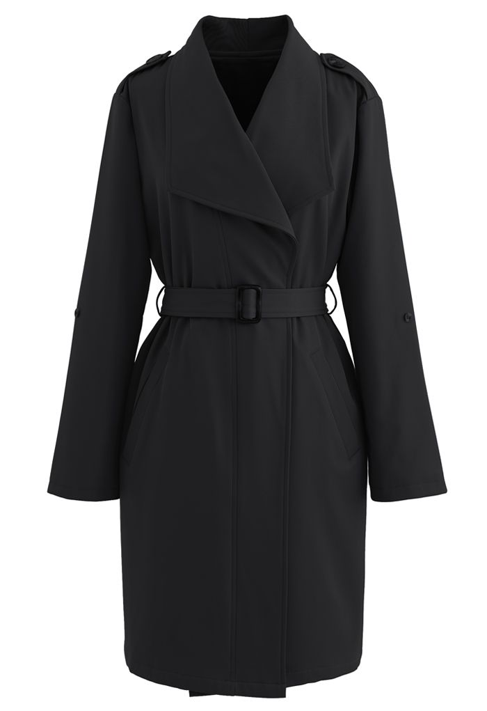 Belted Pocket Drape Neck Coat in Black - Retro, Indie and Unique Fashion