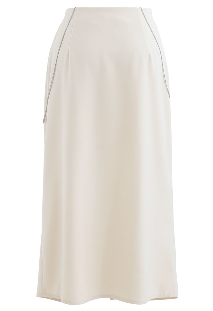 Pearl Trim Split Pencil Skirt with Chain in Cream