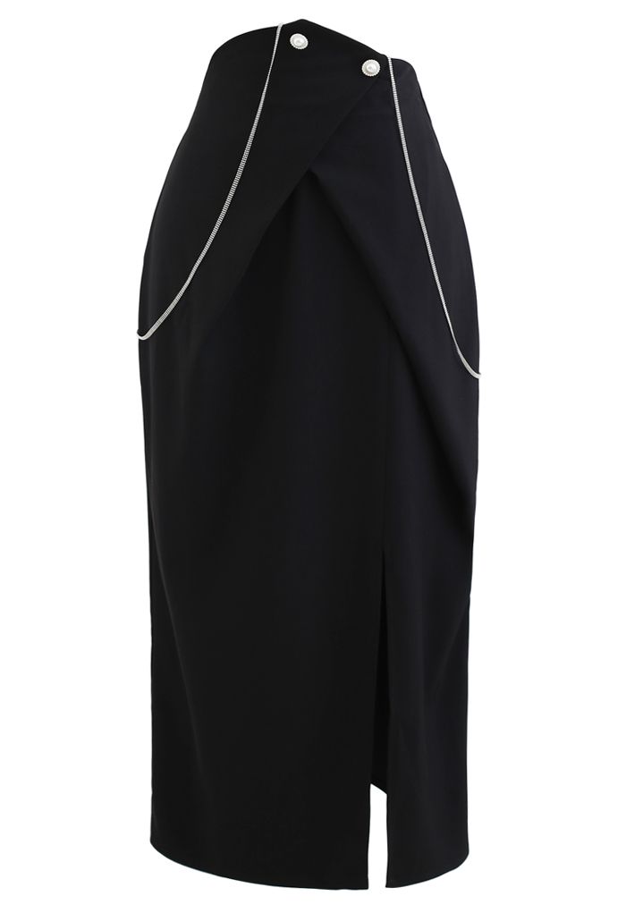 Pearl Trim Split Pencil Skirt with Chain in Black