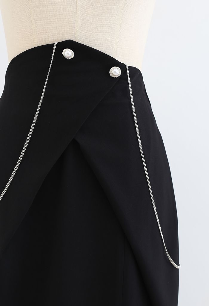Pearl Trim Split Pencil Skirt with Chain in Black