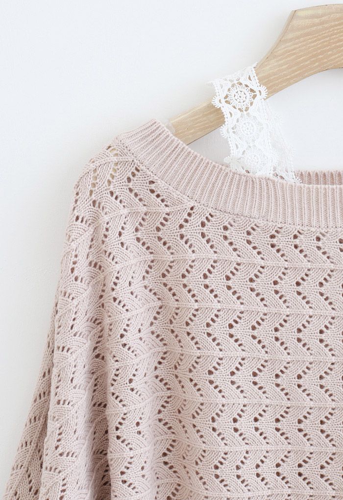 One-Shoulder Strap Eyelet Knit Sweater in Dusty Pink