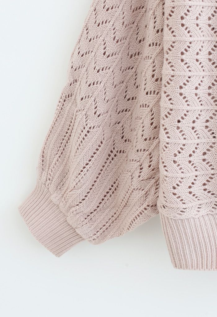 One-Shoulder Strap Eyelet Knit Sweater in Dusty Pink
