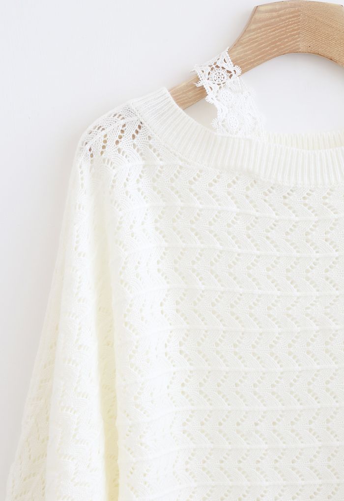 One-Shoulder Strap Eyelet Knit Sweater in White