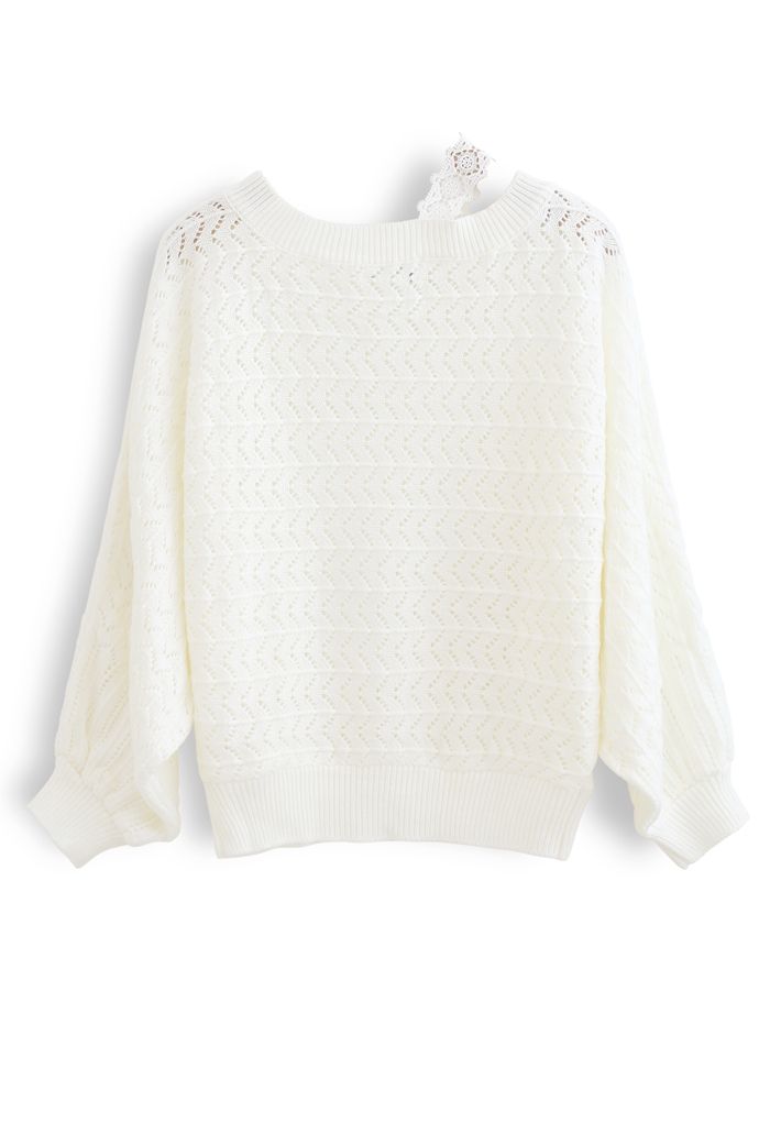 One-Shoulder Strap Eyelet Knit Sweater in White - Retro, Indie and ...