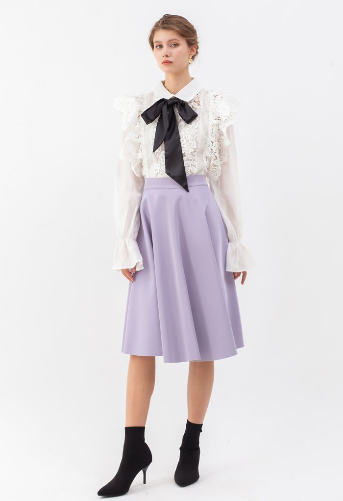 Sleek Faux Leather A-Line Midi Skirt in Purple