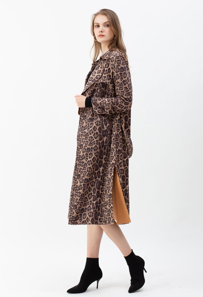 Suede Leopard Belted Split Longline Coat