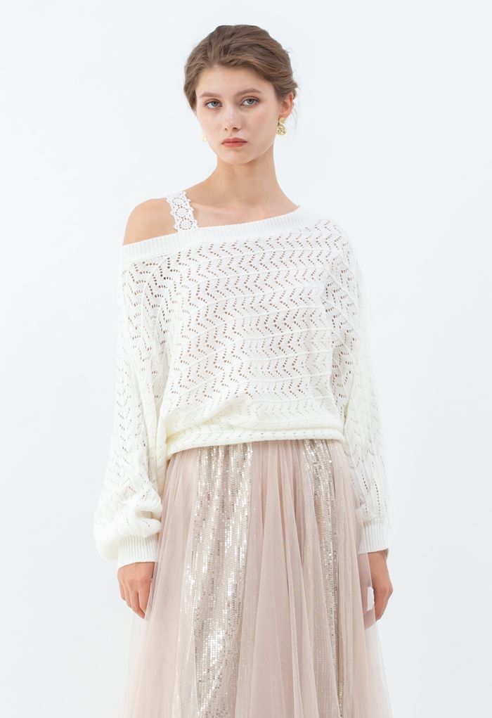 One-Shoulder Strap Eyelet Knit Sweater in White