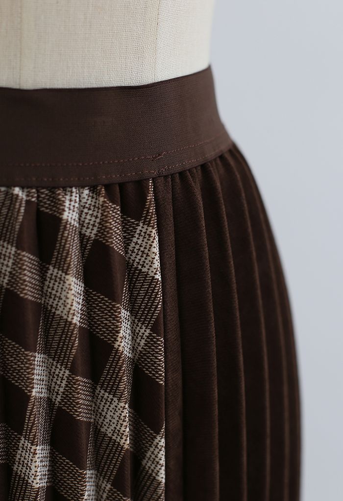 Check Corduroy Pleated Midi Skirt in Brown - Retro, Indie and Unique ...