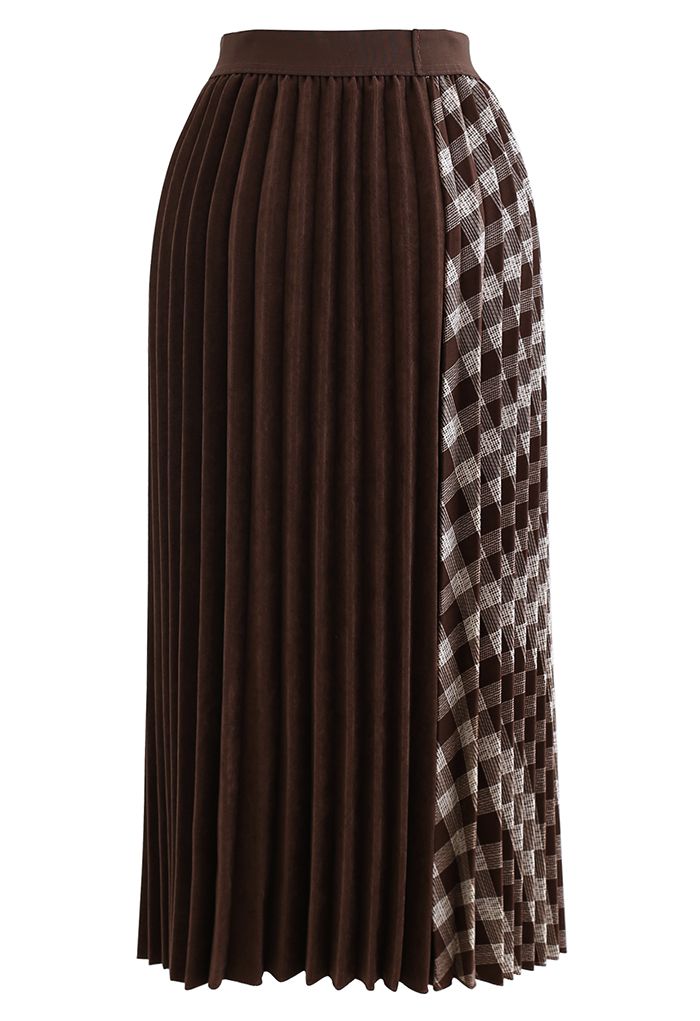 Check Corduroy Pleated Midi Skirt in Brown