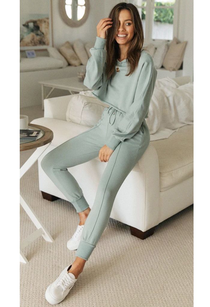 Raw-Cut Hem Sweatshirt and Seamed Pants Set in Mint - Retro, Indie and  Unique Fashion