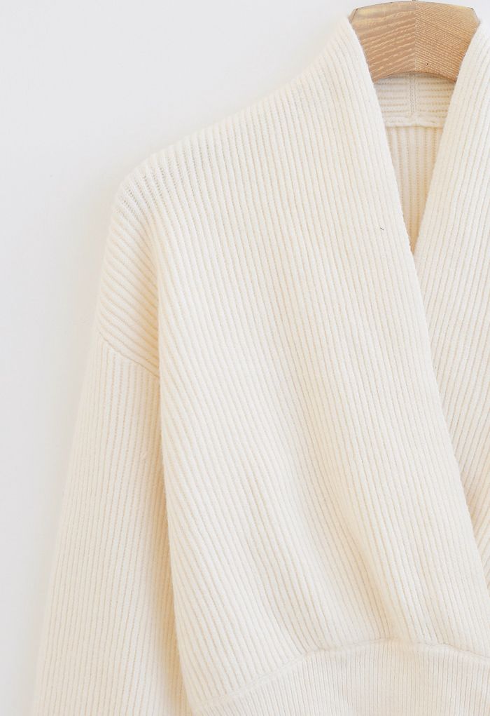 Ribbed Flare Sleeves Wrap Knit Top in Ivory - Retro, Indie and Unique ...