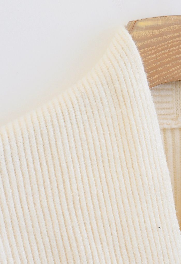 Ribbed Flare Sleeves Wrap Knit Top in Ivory