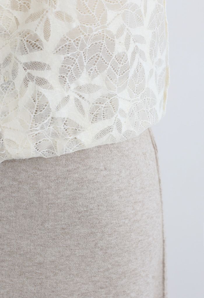 Leaves Pattern Button Lace Knit Midi Skirt in Cream