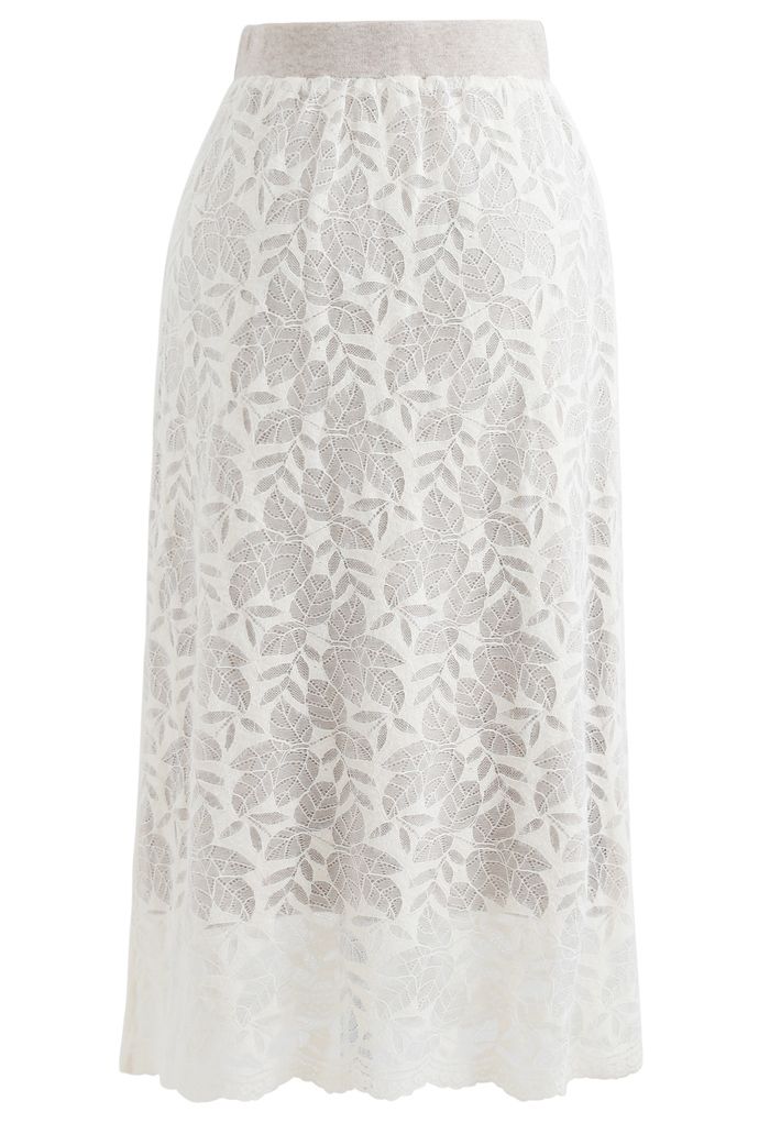 Leaves Pattern Button Lace Knit Midi Skirt in Cream - Retro, Indie and ...