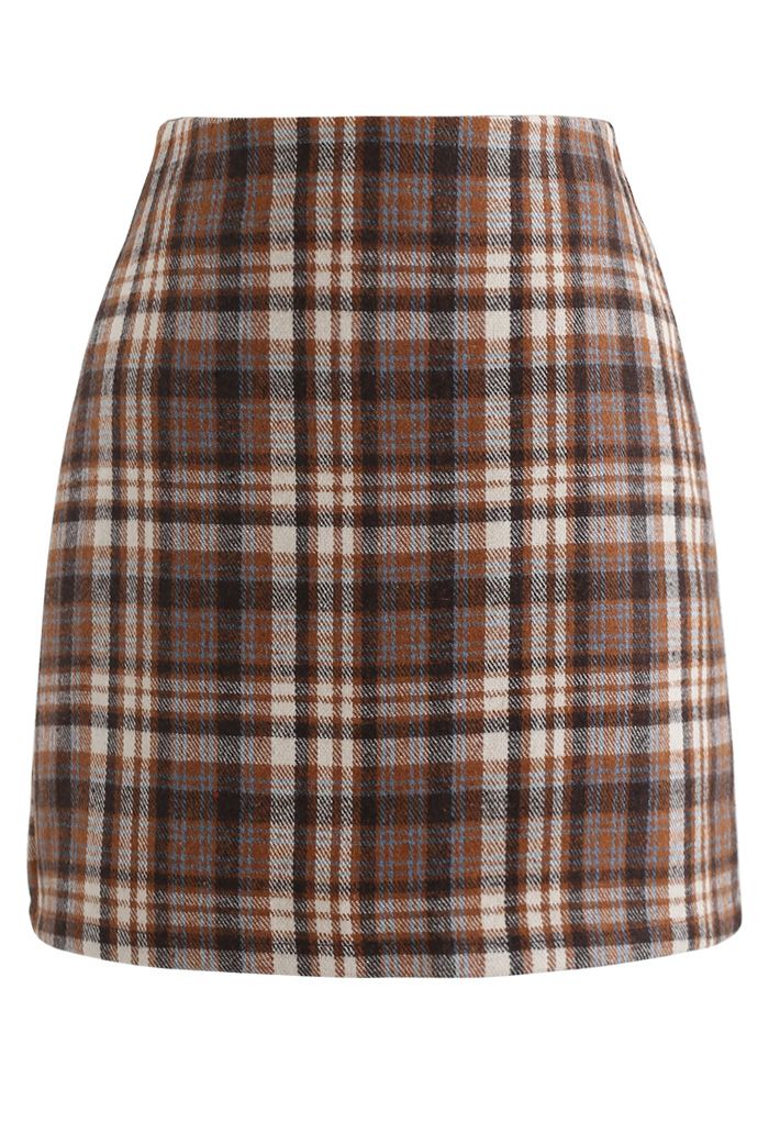 Plaid Wool-Blend Bud Skirt in Tan