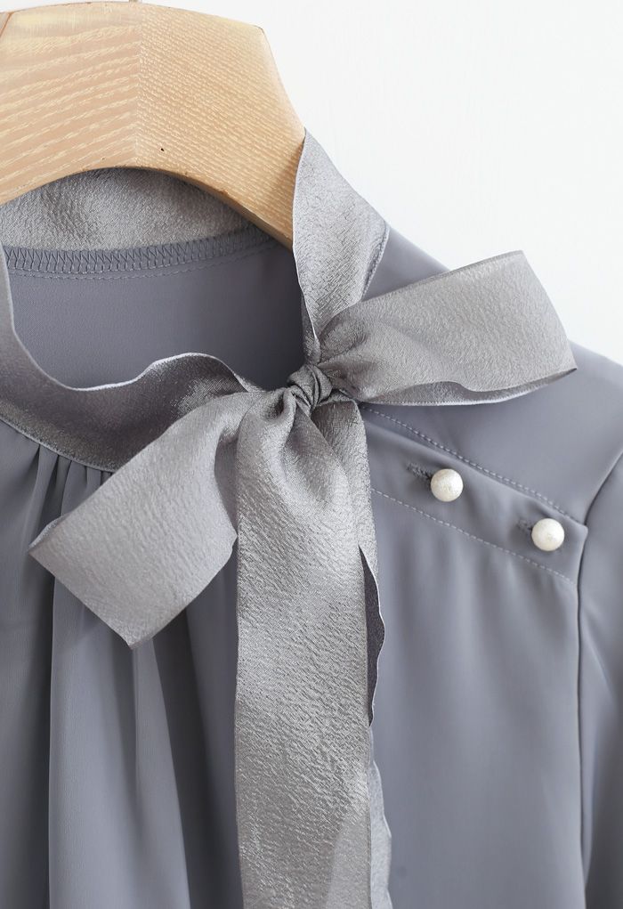 Satin Bowknot Neck Long Sleeves Top in Dusty Blue - Retro, Indie and ...