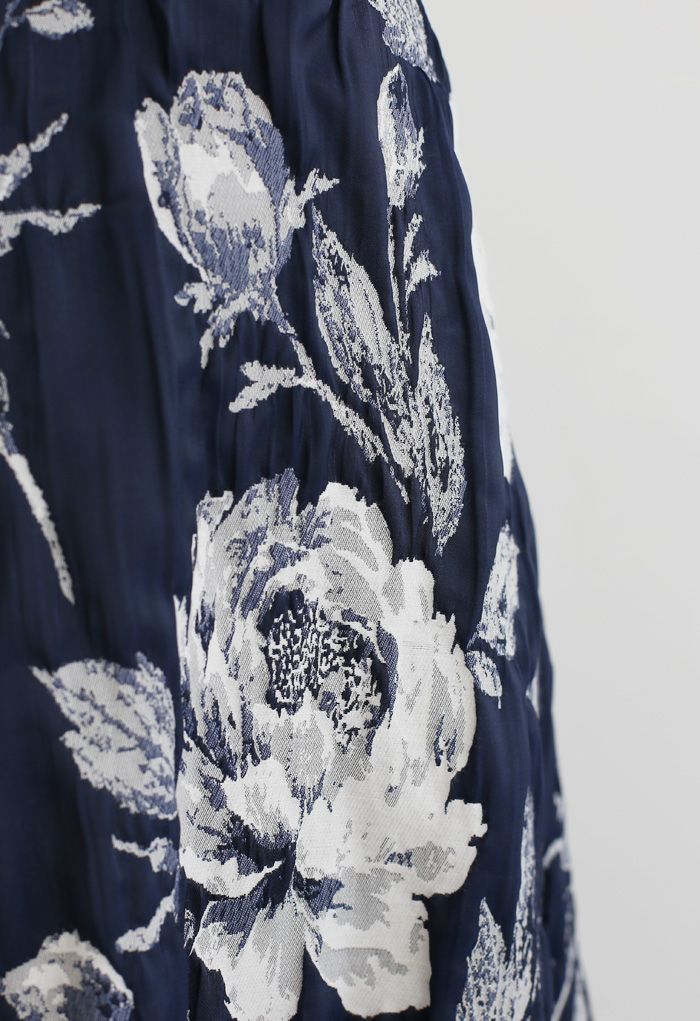 Navy Floral Jacquard Pleated Midi Skirt - Retro, Indie and Unique Fashion