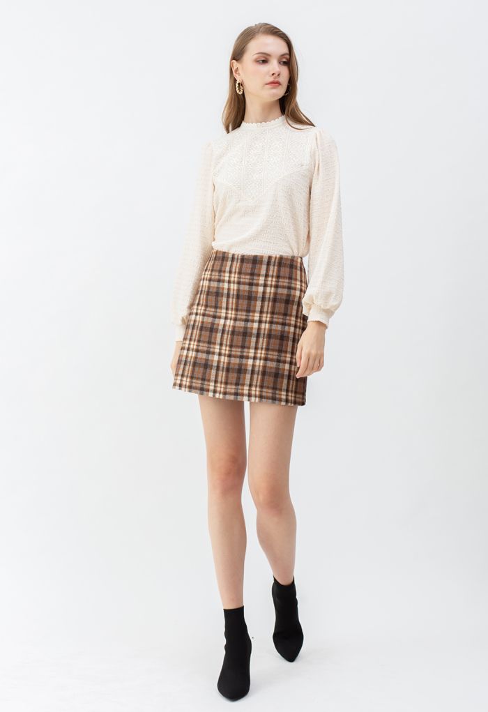 Plaid Wool-Blend Bud Skirt in Tan - Retro, Indie and Unique Fashion