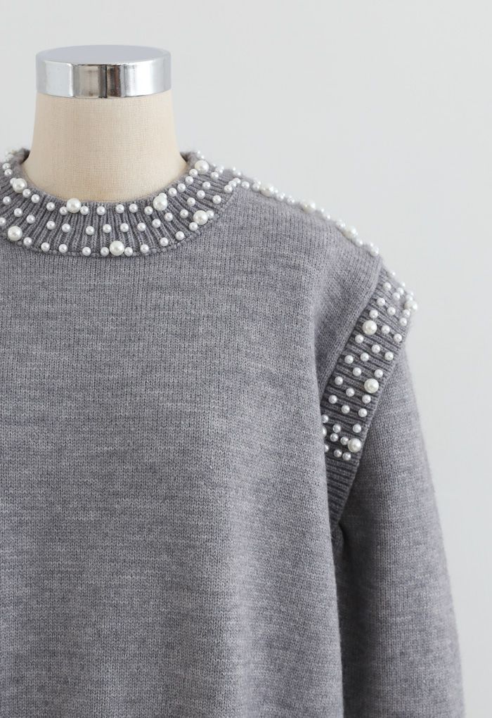 Pearl Decoration Longline Sweater in Grey