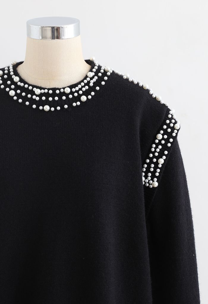 Pearl Decoration Longline Sweater in Black