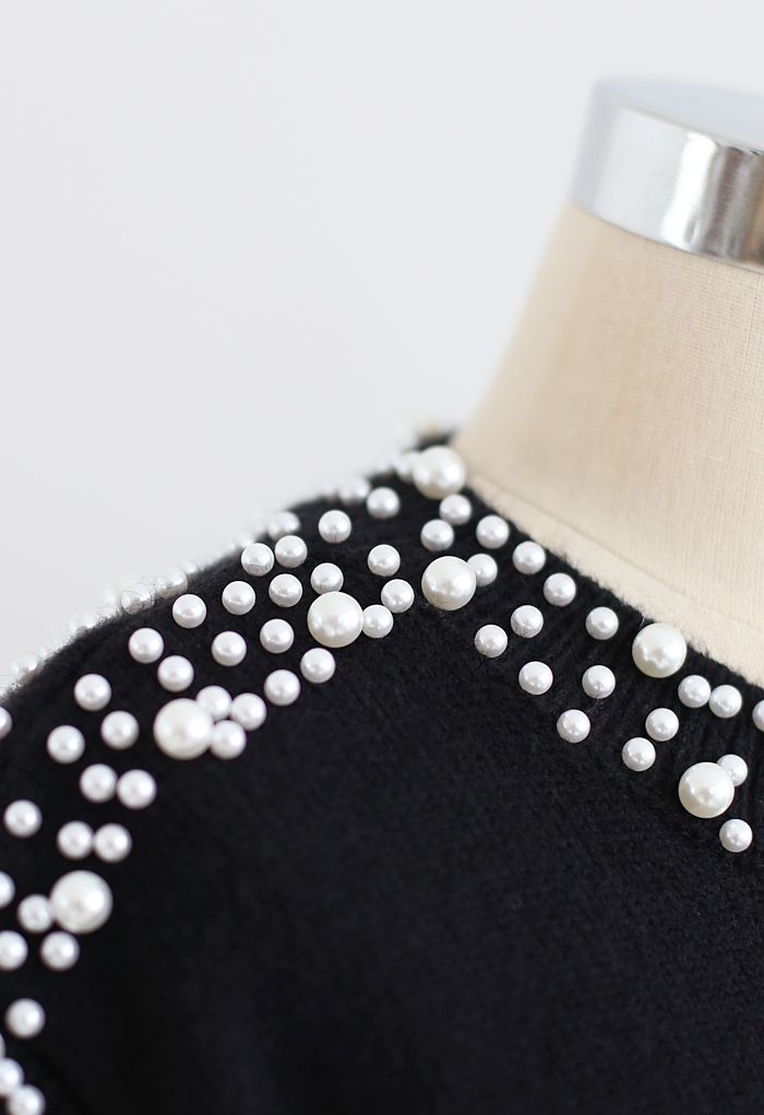 Pearl Decoration Longline Sweater in Black