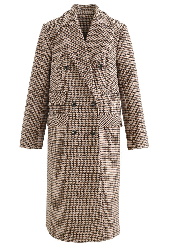 Houndstooth Double-Breasted Wool Blend Longline Coat in Tan