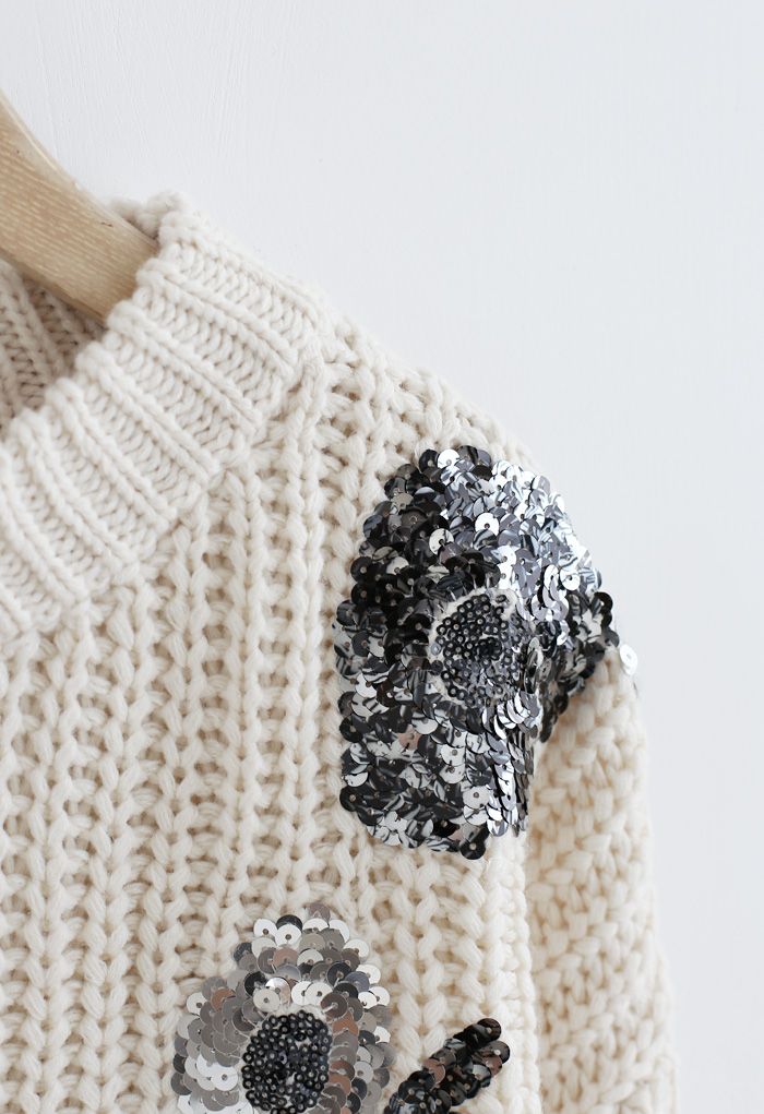 Sequin Floral Ribbed Chunky Knit Sweater in Ivory
