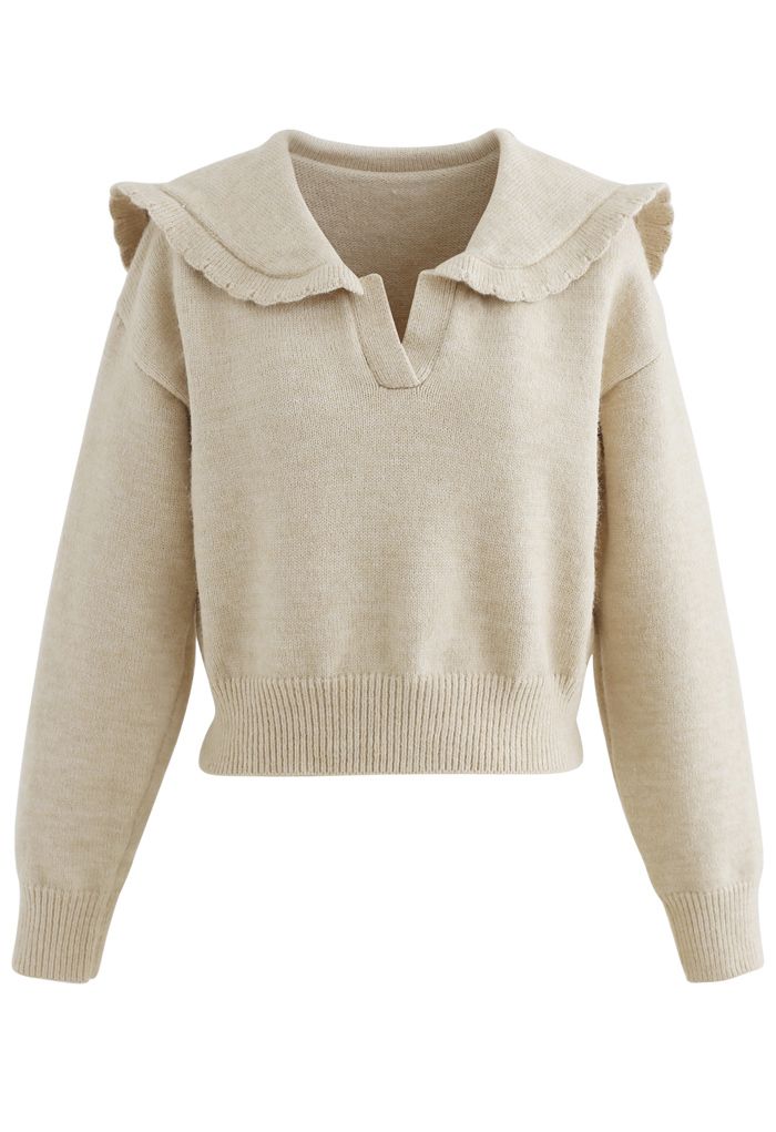 Peter Pan V-Neck Knit Crop Sweater in Light Tan - Retro, Indie and ...