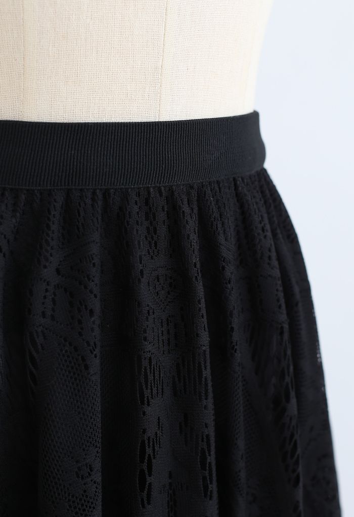 Divine Floral Lace Midi Skirt in Black
