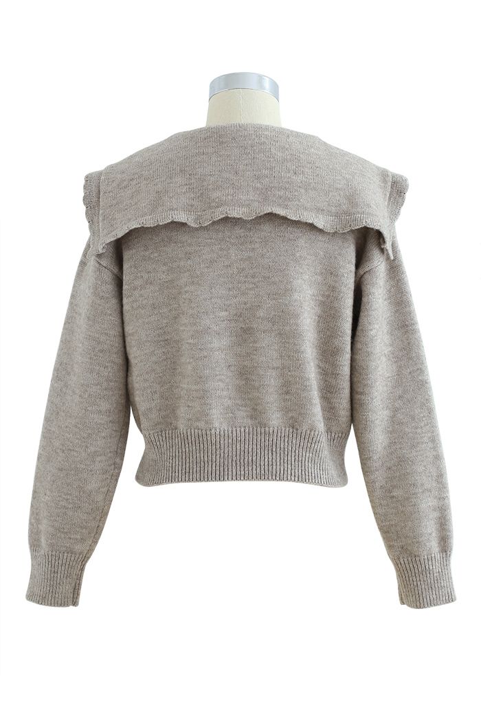 Peter Pan V-Neck Knit Crop Sweater in Taupe